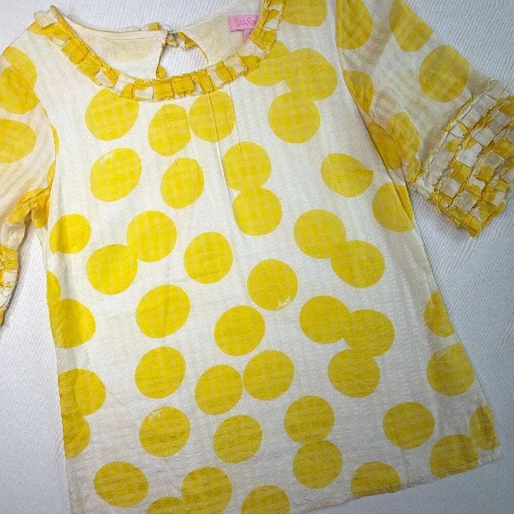 Lilly Pulitzer Yellow Polka Dot Silk Blouse Sz 4 with Ruffles